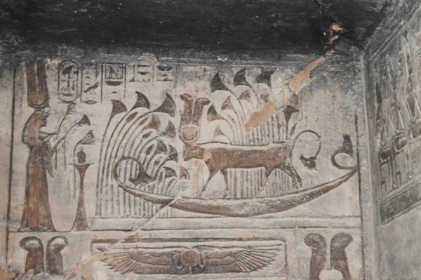 Nefertari in front of the cow shaped Hathor