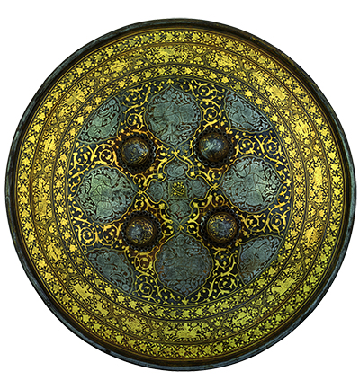 A steel shield inlaid with gold and silver