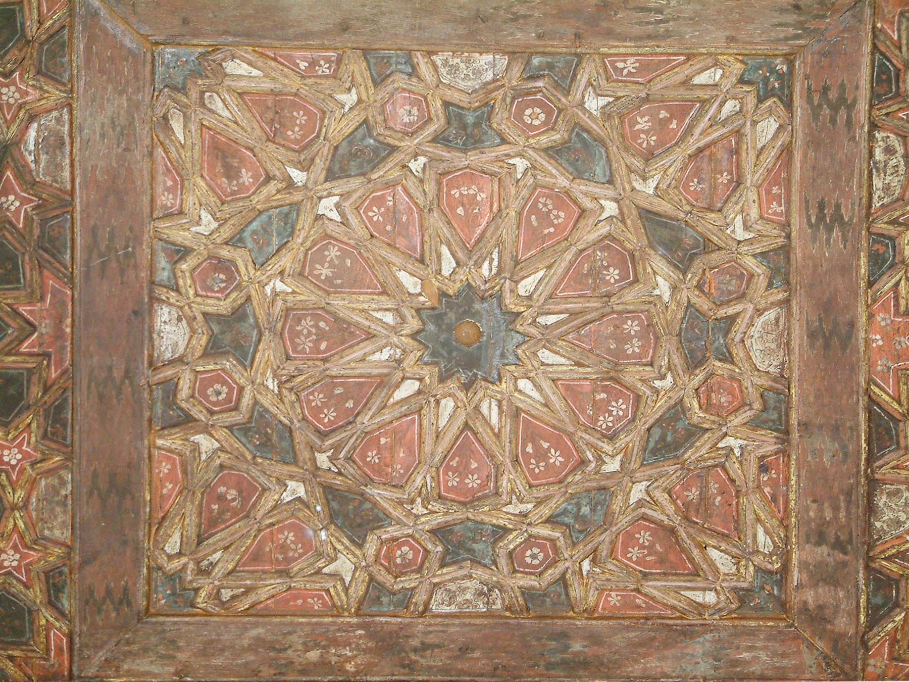 Wooden ceiling decorated with colorful polygon
